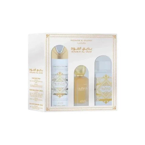 Set Lattafa Bade'e Al Oud Honor & Glory 3 BUC – Apă de Parfum 100 ml, Deodorant Spray 200 ml și Parfum de Păr 50 ml