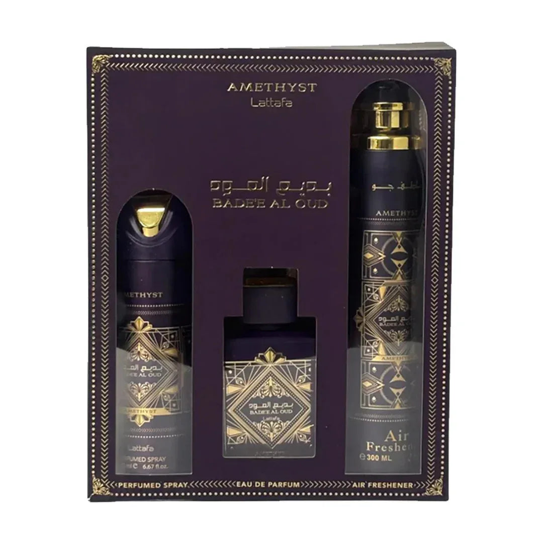 Set Lattafa Bade'e Al Oud Amethyst 3 BUC – Apă de Parfum 100 ml, Spray Parfumat 200 ml și Odorizant de Cameră 300 ml