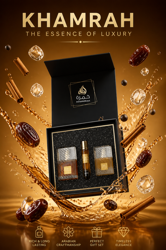 Lattafa Khamrah Gift Set Unisex – Eau de Parfum 100 ml, Parfum de Voiaj 12 ml și Hair Mist 50 ml