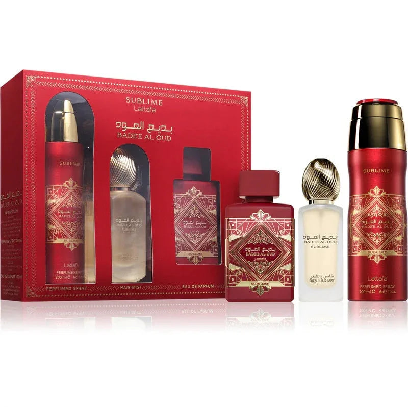 Set Lattafa Bade'e Al Oud Sublime 3 PCS – Apă de Parfum 100 ml, Deodorant Spray 200 ml și Parfum de Păr 50 ml