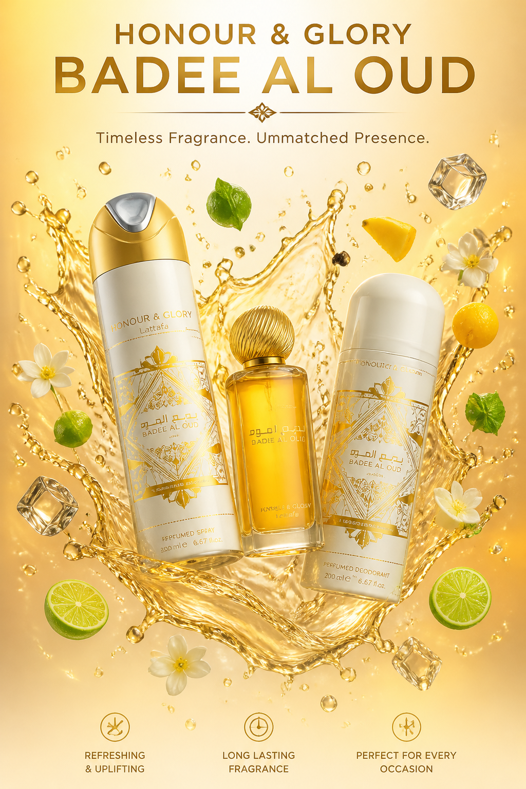 Set Lattafa Bade'e Al Oud Honor & Glory 3 BUC – Apă de Parfum 100 ml, Deodorant Spray 200 ml și Parfum de Păr 50 ml