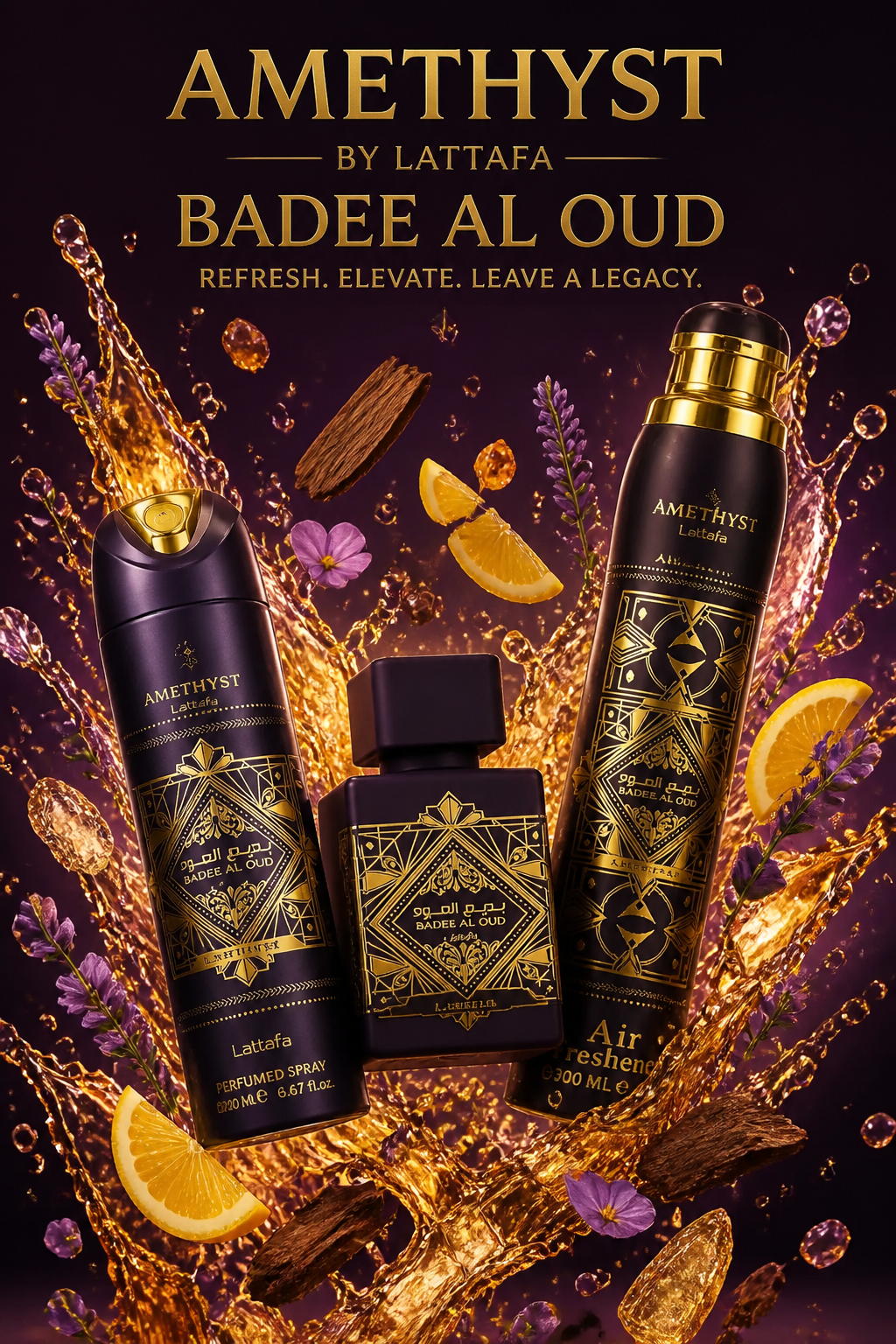Set Lattafa Bade'e Al Oud Amethyst 3 BUC – Apă de Parfum 100 ml, Spray Parfumat 200 ml și Odorizant de Cameră 300 ml