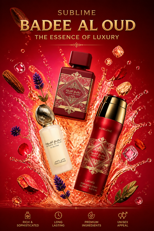 Set Lattafa Bade'e Al Oud Sublime 3 PCS – Eau de Parfum 100 ml, Deodorant Spray 200 ml și Parfum de Păr 50 ml